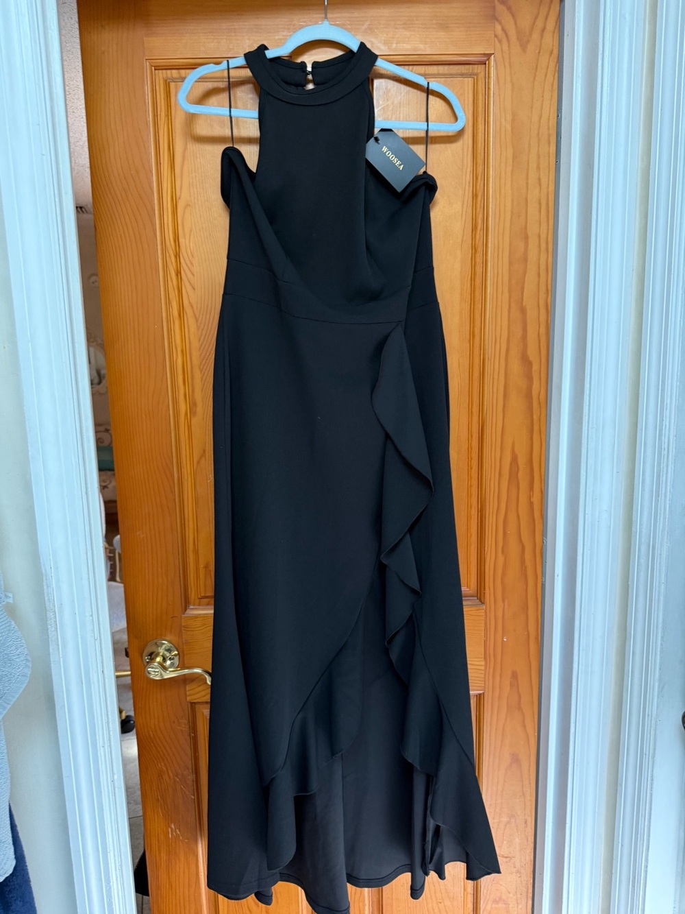 Black Ruffled Halter Evening Dress - Woosea